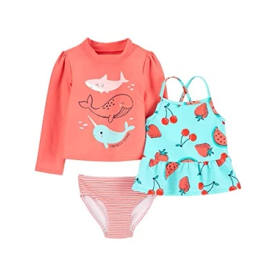 Afbeelding van Simple Joys by Carter&#039;s 3 delige set rashguard sets voor meisjes, oranje zeeleven/rood fruit/streep, 3T