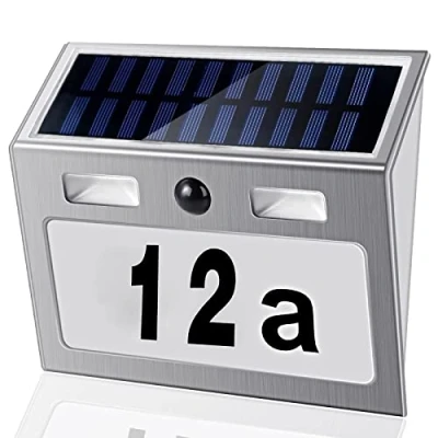 Afbeelding van Verlicht huisnummer op zonne energie met bewegingsmelder buiten, roestvrij staal, waterdichte schemeringsschakelaar, 7 leds cijfers en letters