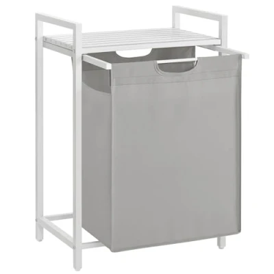 Afbeelding van VASAGLE wasmand, wasmand met plank, wasbox, waszak van uittrekbaar verwijderbare Oxford stof, metalen frame, 65 L, 50 x 33 72 cm, duifgrijs BLH101W03