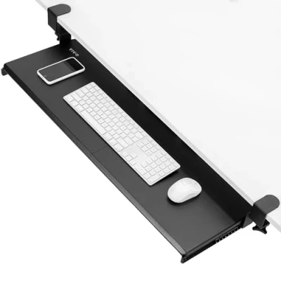 Afbeelding van VIVO extra lange toetsenbordlade onder bureau uittrekbaar met stevig C klembevestigingssysteem, 86 cm (102 inclusief klemmen) x 28 uitschuifbaar platform computerlade om te typen, zwart,