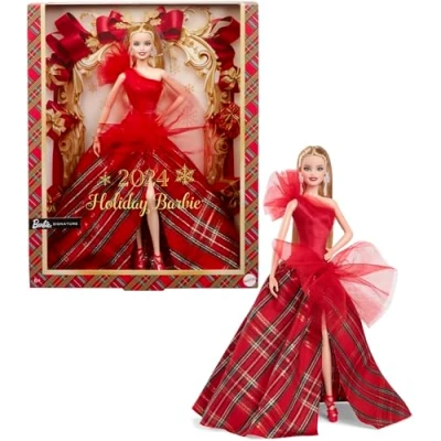 Afbeelding van Barbie Signature Doll, 2024 Holiday Blonde Fashion Doll Het dragen van een jurk met geruite rok, Seizoensgebonden Collector Gift in Displayable Verpakking, HRM65