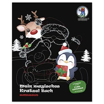 Afbeelding van Ursus 24530003F Mijn magische krassenboek wintertijd, blok met kras en kleurafbeeldingen, ca. 21 x 26 cm groot, 12 winterse motieven leuke kleureffecten, inclusief houten stick, kleurrijk