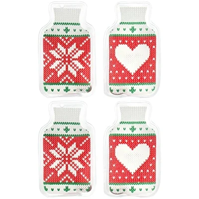 Afbeelding van COM FOUR® 4x zakverwarmer mini warmwaterkruik handwarmer in gebreide truiontwerp warmtekussen voor onderweg knikkussen (04 stuks rood/groene coltrui)