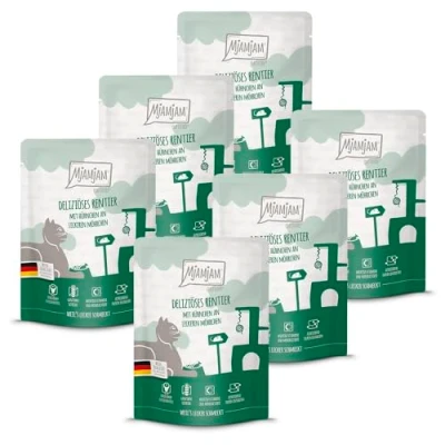 Afbeelding van MjAMjAM Premium natvoer voor katten Quetschie Heerlijk rendier met kip en lekkere worteltjes, pak van 6 (6 x 300 g), graanvrij extra vlees