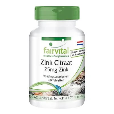 Afbeelding van Fairvital zink tabletten 25mg (elementaire inhoud) per tablet van citraat HOOG GEDOSEERD VEGAN 60