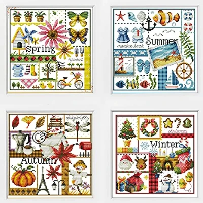 Afbeelding van Awesocrafts 4 pack kruissteek kits, vier seizoenen eenvoudige patronen borduurkit benodigdheden, gestempeld of geteld (vier seizoenen, geteld)
