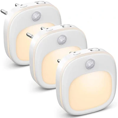 Afbeelding van Nachtlampje met Bewegingsmelder, [3 Stuks] Insteek Kinderen 3 Kleurtemperatuur Modi en 15% 100% Traploos Dimmen, LED Schemersensor voor Kinderkamer/Trappen/Gangen
