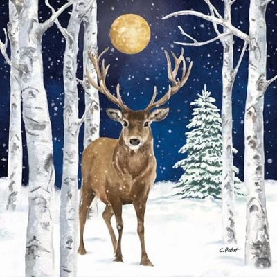 Afbeelding van 20 servetten winter hert in maanlicht als tafeldecoratie. Papieren met motief. Ook voor decoupage en servettentechniek 33x33cm