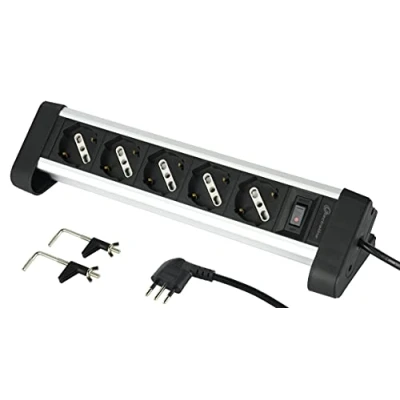 Afbeelding van Electraline 61906 Desk Alu Line stopcontact met aluminium behuizing 5 multifunctionele stekkers, Schuko + 10/16 A, 2 houders voor bevestiging aan het bureau, kleine stekker 10 zwart/zilver,
