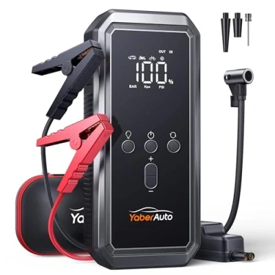 Afbeelding van YaberAuto starthulp powerbank met 150PSI compressor, 21800mAh 4 in 1 power bank LCD scherm, 3000A piekvermogen, LED zaklamp, YA70
