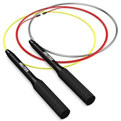 Afbeelding van Velites springtouw Fire 2.0 + speedkabel in één verpakking neem je de 3 beschikbare kabels mee, voor functionele training, cardio, kracht en dubbele sprongen kleur zwart.