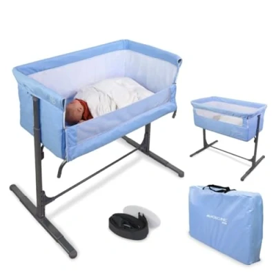 Afbeelding van Mobiclinic Moon Wieg Reiswieg Co sleeper Babybedje Inklapbaar Tot 15 kg Verstelbare in 5 hoogtes Zijopening Bijzetbed 2 1 Bedbevestigingsriemen Draagtas Inclusief wielen Ademend gaas Gewatteerde basis