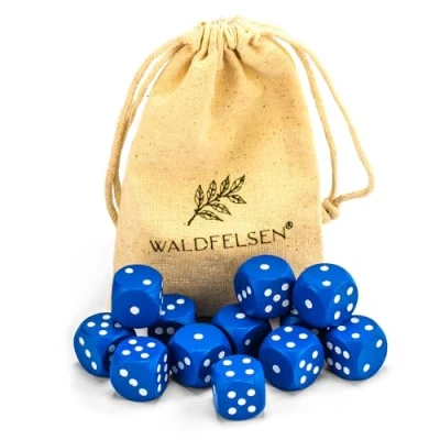 Afbeelding van Waldfelsen 6, 12, 20, 30 of 50 hoogwaardige houten dobbelstenen van echt beukenhout, 16 mm standaard met stoffen zak, kubusset (blauw, 12 stuks)