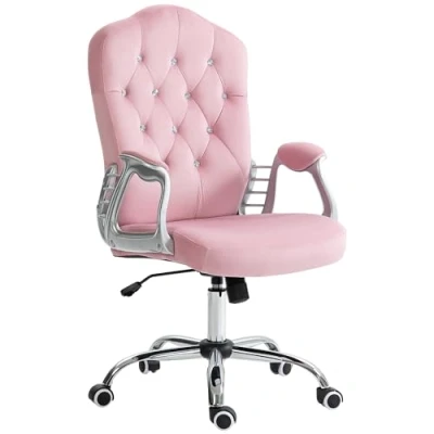 Afbeelding van HOMCOM Bureaustoel, ergonomische bureaustoel met kantelfunctie, draaifunctie, in hoogte verstelbaar, computerstoel fonkelende kristallen knopen, fluwelen look, voor thuiskantoor, roze