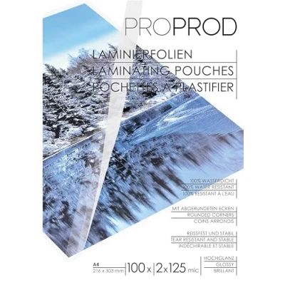 Afbeelding van ProProd Premium Lamineerhoes DIN A4, 2 x 125 micron (250mic), Glanzend,100 stuks/lamineerhoezen/Lamineersheet, (De verpakking kan variëren)