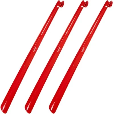 Afbeelding van biped Set van 3 schoenlepels extra lange kunststof schoenlepel 65 cm met haak z1557(rood)
