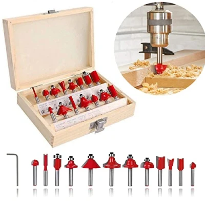 Afbeelding van Freesset 15 delige frezen gereedschap set schacht 6,35mm wolfraamcarbide houtbewerking gereedschapsset voor hout bovenfrees hardmetaal HM, houtfrees in een houten koffer snij inzetstukken