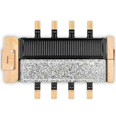 Afbeelding van H.Koenig WOD360 Raclette machine voor 8 personen, kaas, fondue, granieten en natuurlijk hout, 180 draaibare basis, afneembare platen, accessoires pannen spatels, 1400 W