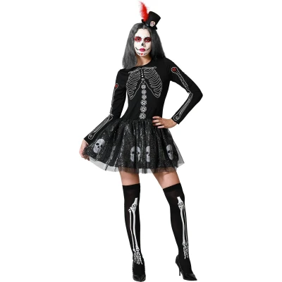 Afbeelding van Muertos Halloween Jurkje Dames Zwart Schedels Maat XS S