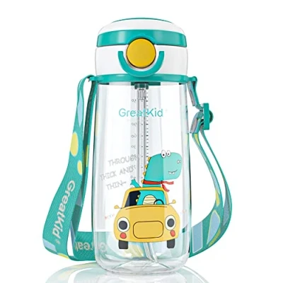 Afbeelding van Bunnytoo Kids Water Drinkfles (500ml waterfles met stro, BPA vrij, Auto Drukknop, Carry Loop Lichtgewicht, Lekvrij, Kinderen Kid School Meisjes Jongens Sportflessen Groen