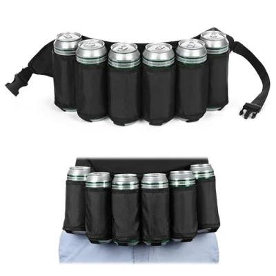 Afbeelding van FunX Bierriem bierholster voor 6 bierflessen of blikjes, verstelbare bierhouder festivals, vrijgezellenfeesten, carnaval en camping, 72 120 cm, zwart, Heuptas