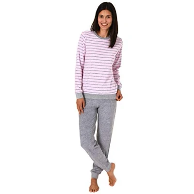 Afbeelding van RELAX by Normann Damespyjama van badstof, met lange mouwen en manchetten in luxe strepenlook 291 201 13 780, roze, 40
