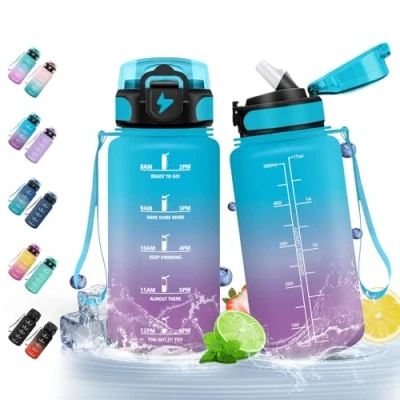 Afbeelding van HoneyHolly drinkfles 500 ml, BPA vrij en lekvrij, met rietje, herbruikbare voor de basisschool, motiverende school, fitnessstudio, kantoor, hardlopen