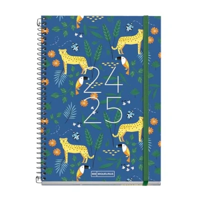 Afbeelding van Miquelrius Schoolagenda 2024 2025, september tot juni afmetingen: 155 x 215 mm, dagoverzicht, omslag van karton, spiraalbinding metaal, zwart, Spaans en Engels, jungle