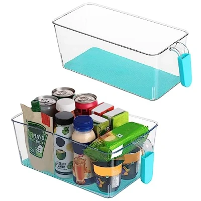 Afbeelding van Kurtzy Keuken Koelkast Opslag Containers met Non Slip Basis en Handvatten (2 Pak) 2 Verschillende Maten Doorzichtig Plastic Bakjes voor Badkamer, Kelder/Kast, Lades Diepvries