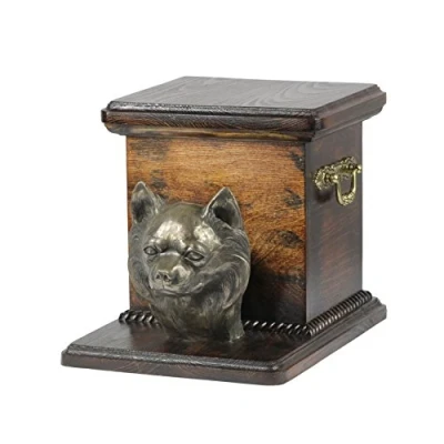 Afbeelding van Art Dog Handgemaakte Aangepaste Hondenherdenkingsurn Koudgegoten Bronzen Hondenkop op Berkenbasis Gepersonaliseerde Hondencrematiedoos 19x31x22cm Chihuahua (langharig)