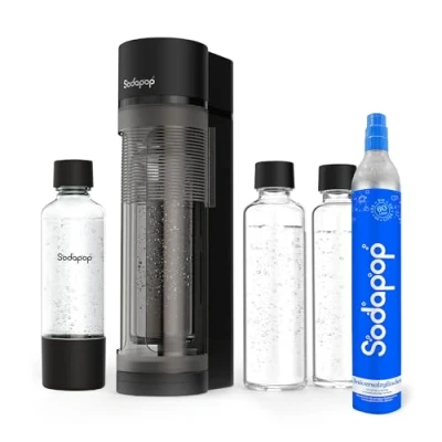 Afbeelding van Sodapop Sodamaker Logan starterset met CO2 cilinder, incl. 2 glazen flessen (850 &amp; 600 ml) en 1 PET fles ml), mat zwart, hoogte 42,6 cm