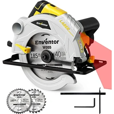 Afbeelding van Enventor Cirkelzaag, 1500 W, cirkelzaag voor hout 5500 tpm, 2 zaagbladen 185 mm (24T &amp; 40T), zaagsnede 65 (90 )/43 (45 ), pure koperen motor, lasergeleiding, ideaal het snijden van koning