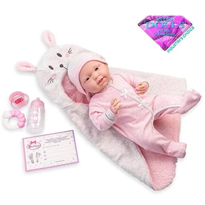 Afbeelding van JC TOYS Newborn pop 38 cm van zacht vinyl, inclusief rompers en 5 accessoires, roze, ontworpen in Spanje door Berenguer, 2 jaar