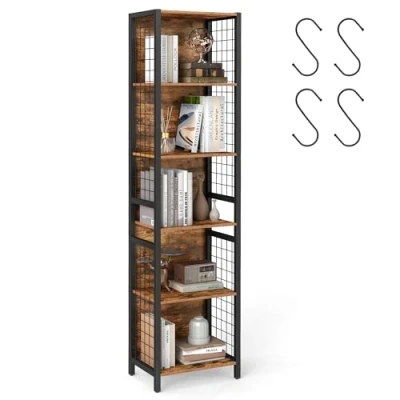 Afbeelding van VASAGLE Boekenkast, 6 laags stellingkast, opbergkast, 30 x 40 175,6 cm, met 4 S haken, voor kantoor, woonkamer, stalen frame, rustiek bruin en inktzwart LLS170K01