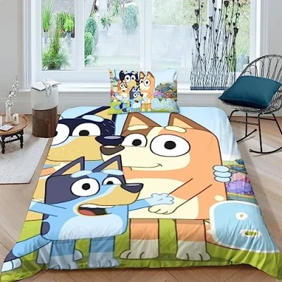 Afbeelding van LENTLY Bluey 3D bedrukte beddengoedset met kussensloop, dekbedovertrek ritssluiting, zachte microvezel dekbedovertrek, eenpersoons (135 x 200 cm)