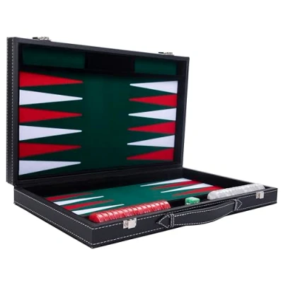 Afbeelding van Backgammon Spel 15 Inch Groen, Rood &amp; Wit Ingelegd Vilt