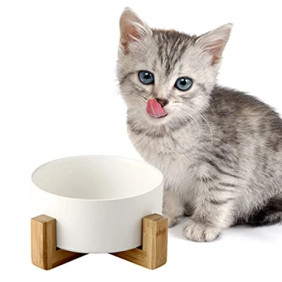 Afbeelding van SPUNKYJUNKY Keramische voerbak met bamboe standaard voor katten en kleine honden (400 ml, wit enkel)
