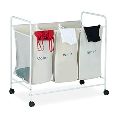 Afbeelding van Relaxdays wasmand met 3 vakken wassorteerder op wieltjes waszakken wasbox 100 l