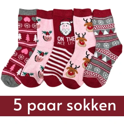 Afbeelding van Kerstsokken Set Dames 5 paar maat 36 41 Kerst Warme Sokken met Rendieren, Kerstman, Sneeuwvlokken etc. Rood/Roze/Wit