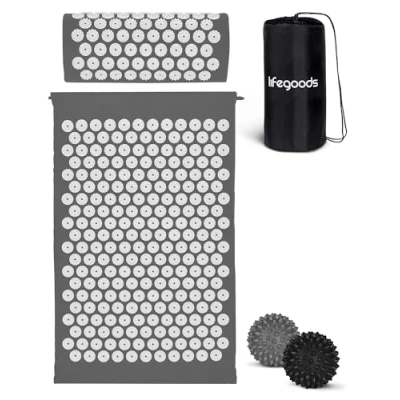 Afbeelding van LifeGoods Acupressuur Mat met Kussen, 2x Triggerpoint Massage Ballen en Draagtas Spijkermat voor Ontspanning Pijnverlichting Acupunctuur Set Lotus Shakti Grijs &amp; Wit