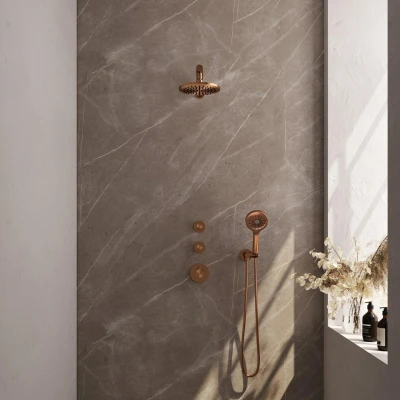 Afbeelding van Brauer Copper Edition Regendoucheset inbouw hoofddouche 20cm 3 gladde knoppen rechte wandarm handdouche rond standen PVD geborsteld