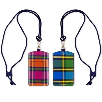 Afbeelding van Kate Spade New York ID badgehouder met sleutelkoord, slank hoesje van veganistisch leer, naamplaatje voor werk, school of reizen (Grand Plaid Duo)
