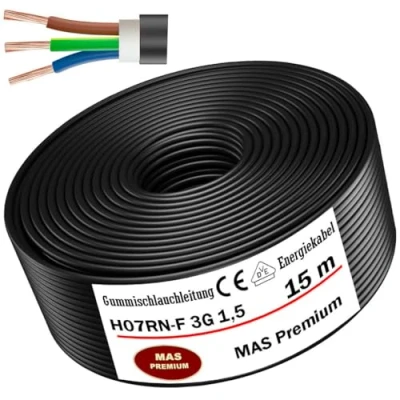 Afbeelding van MAS Premium 5 100 m rubberen slangkabel, energiekabel, bouwplaatskabel H07RN F 3G 1, 1,5, 2,5, 4, 6, 10 of 3x flexibele kabel voor zware apparaten (H07RN 3G1,5 mm², 15 m)