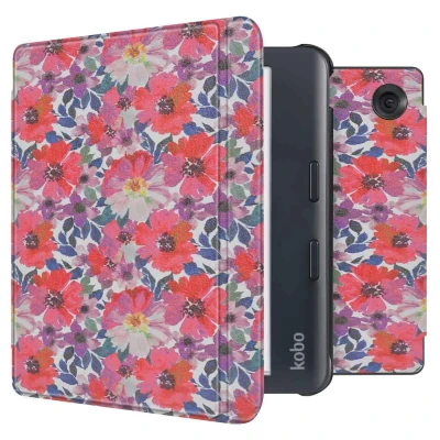 Afbeelding van Kobo Libra Colour Hoes: iMoshion Design Slim Hard Case Sleepcover Bookcase met stand Flower Watercolor Kunstleder E Reader Hoezen