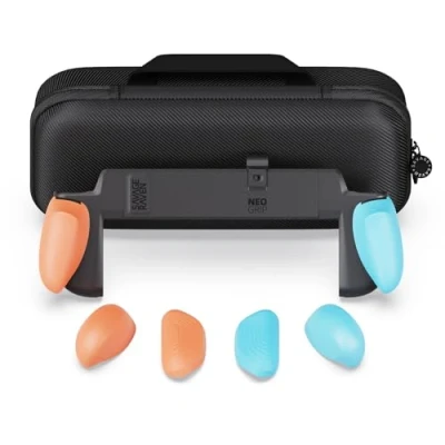 Afbeelding van Savage Raven by Skull &amp; Co. NeoGrip Bundle for Nintendo Switch 2: An Ergonomic Grip Hard Shell Handheld Case with Replaceable Grips [to fit All Hands Sizes] [with Carrying Case] Neon Blue+Neon Red