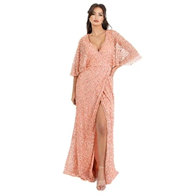 Afbeelding van Womens maxi jurk dames pailletten verfraaid wrap A lijn voor bruiloft gast bruidsmeisje avond bal gelegenheid abrikoos blozen maat 18 UK, blozen, 44