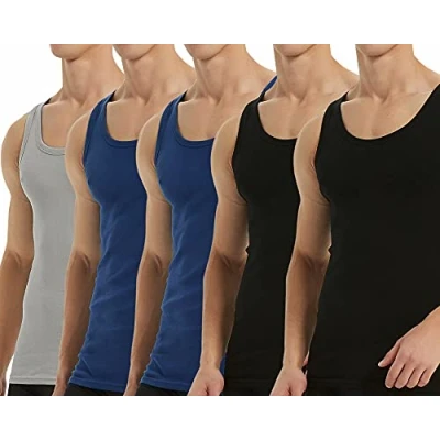 Afbeelding van Falechay Onderhemd Heren Tanktop 5 Pack 100% Katoen Fijne Rib Mouwloos Spier Shirt Sport Vesten 2 Zwart Blauw 1Grijs XXL