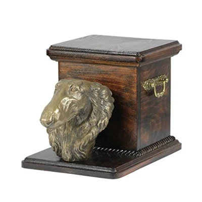 Afbeelding van Art Dog Handgemaakte Aangepaste Hondenherdenkingsurn Koudgegoten Bronzen Hondenkop op Berkenbasis Gepersonaliseerde Hondencrematiedoos 19x31x22cm Borzoi, Russische Wolfshond