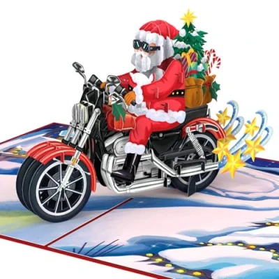 Afbeelding van papercrush® Pop up kaart Kerstman op motorfiets Grappige 3D Kerstkaart voor mannen (vriend, papa, man) Vrolijk motorrijders en bikers
