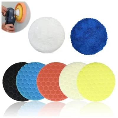 Afbeelding van Pmueuff Polijstspons, 7 stuks polijstpads, 150 mm, honingraat, polijstsponzen, autopolijstpad met hoge vezel, polijstopzetstuk, accuschroevendraaierset voor excentrische polijstmachine, slijpmachine